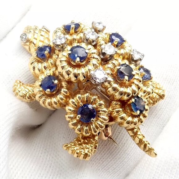 Rare! Authentic Tiffany & Co. Turtle 18k Yellow Gold Diamond Sapphire Pin Brooch - Picture 5 of 13